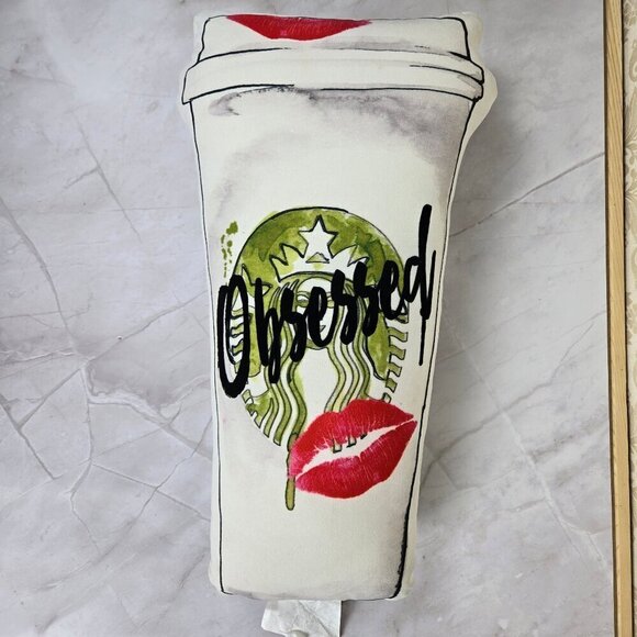 Starbucks Coffee Cup Shaped Accent Pillow "Obsessed" Red Lip Print Whimsical - Picture 4 of 7